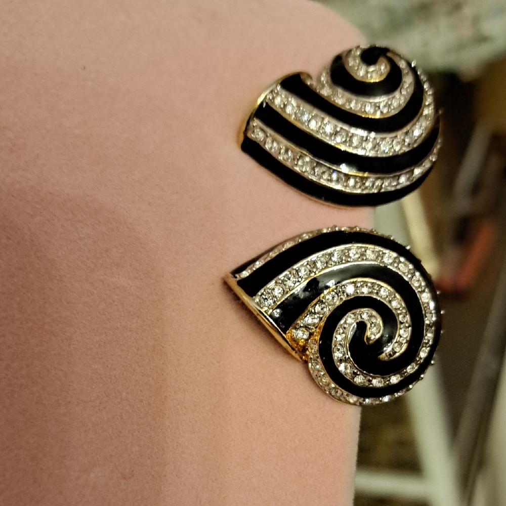 Black Enamel And Whit Rhinestone Avant Guard Swirl  Clip On Earrings